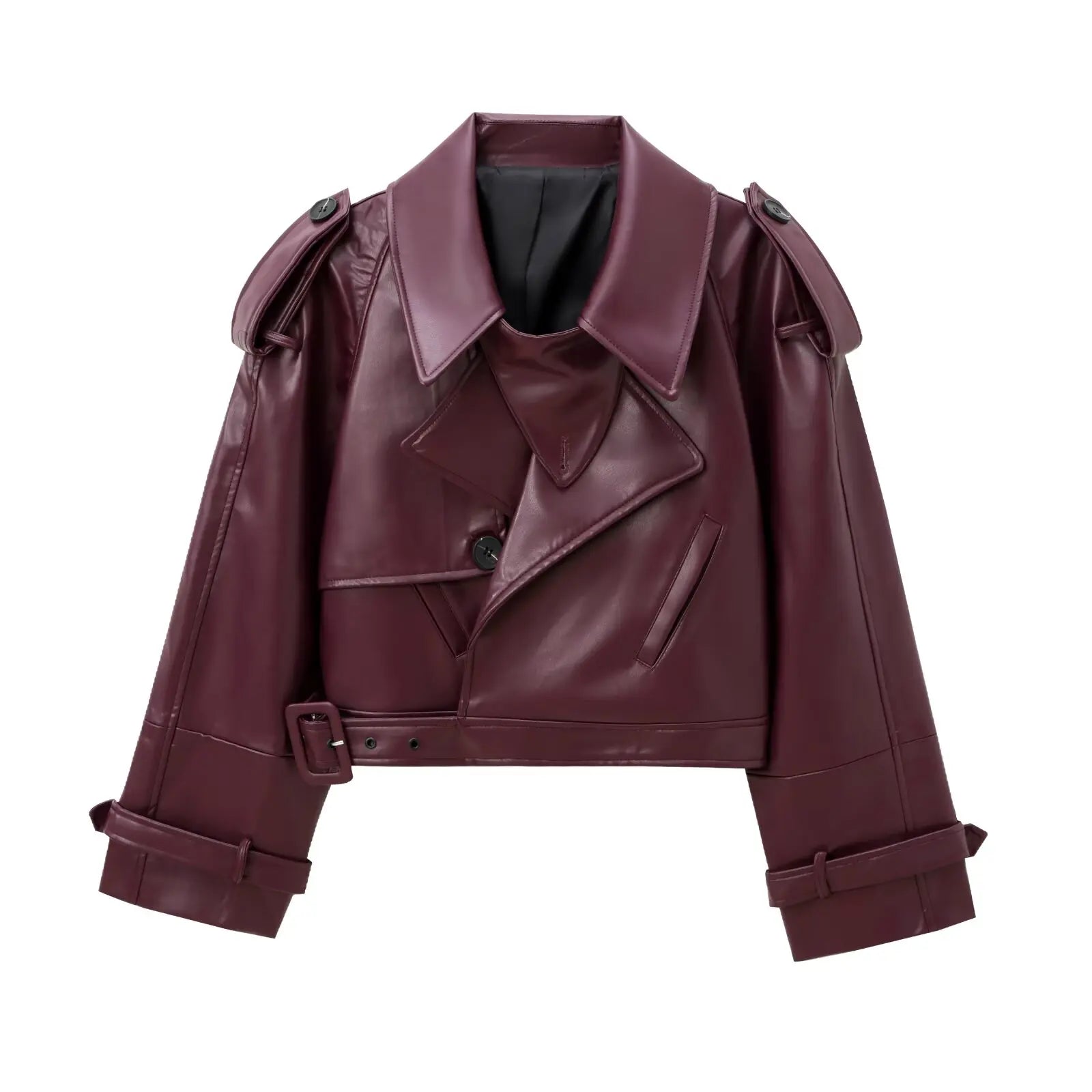Veste biker courte en simili cuir bordeaux – Femme